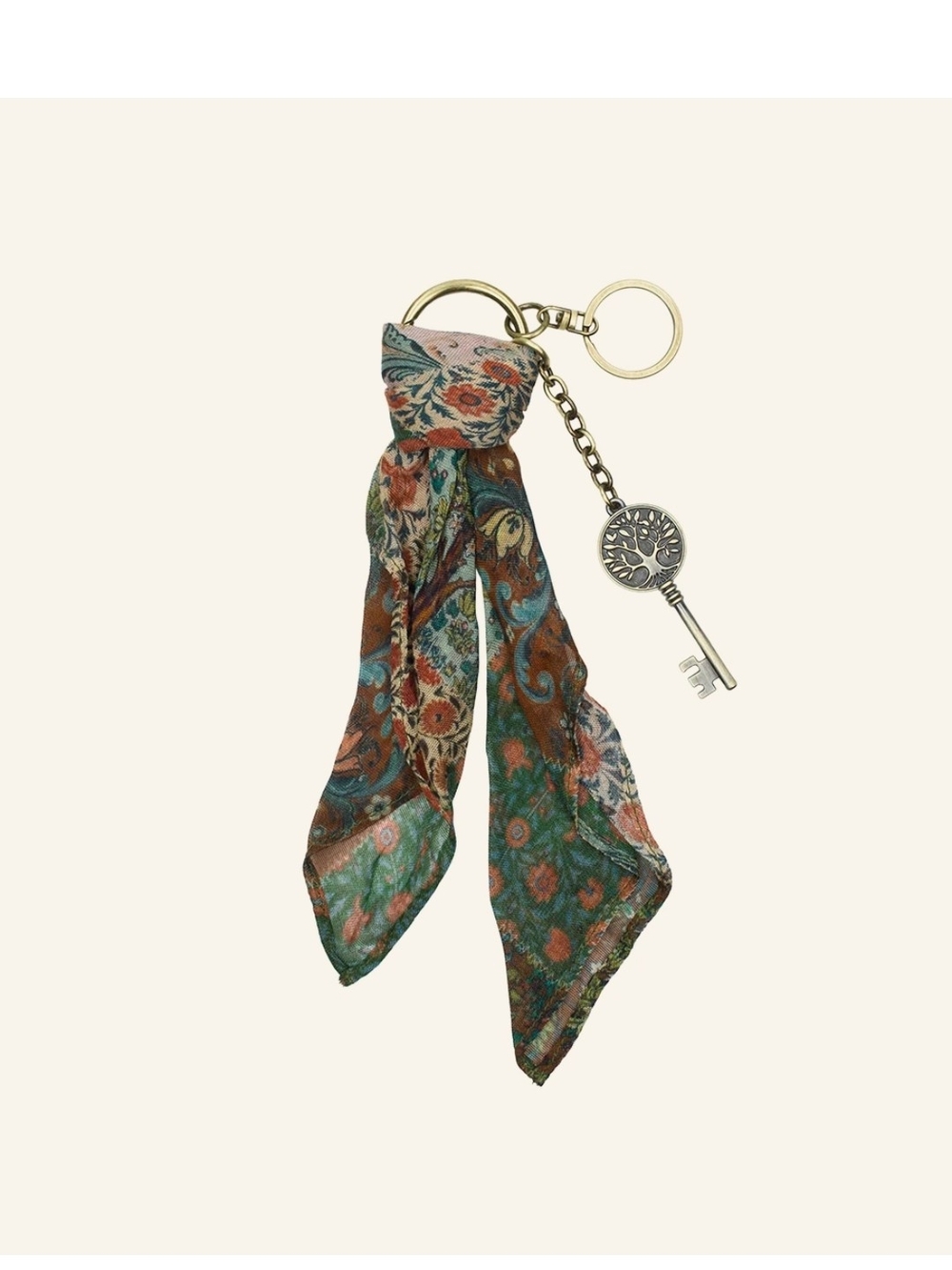 Floral Silk-Effect Scarf Keyring with Decorative Key Charm - Green & Brown NWT